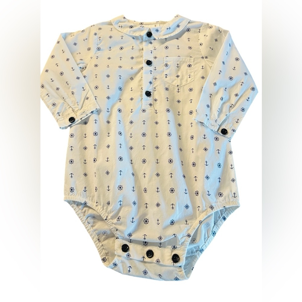 Rachel Riley White Long-Sleeve Nautical Anchor Print One-Piece
